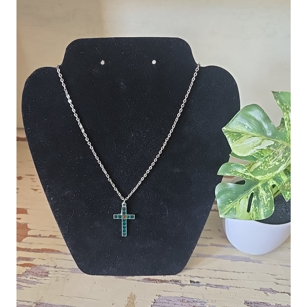 Vtg Silver Tone Teal Orange Enamel Inlay Cross Pendant Fashion Jewelry Necklace